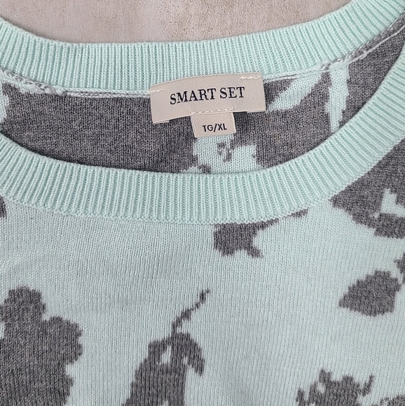 Tiffany Mint Gray Chic Floral Sweater Contrast Camo Art Cotton Wool Top Pullover - Picture 3 of 3